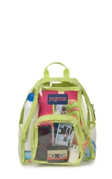 Mochila mini transparente con detalles en color lila pastel, marca JanSport.