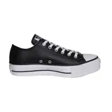Zapatillas Converse Chuck Taylor All Star con plataforma, de cuero sintético negro, con cordones blancos y suela de goma blanca.