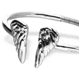 Pulsera rígida abierta de aleación de metales bañada en plata, con detalle de alas en los extremos.