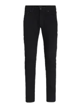 Jean negro de corte slim fit, tiro bajo, rodilla ajustada y abertura de pierna ceñida. Diseño clásico de cinco bolsillos y cierre con botón.
