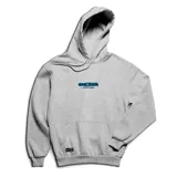 Canguro gris con capucha y bolsillo delantero tipo canguro. Estampado frontal con el logo de la marca en azul y la leyenda "street brand". Estampado trasero con diseño de lata de aerosol y graffitis.