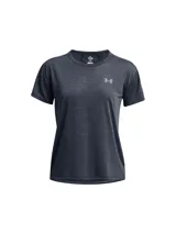 Remera deportiva Under Armour para mujer, color gris jaspeado, de corte clásico y mangas cortas. Presenta logo reflectivo en el pecho.