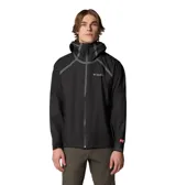 Campera impermeable Columbia Reign No Shine para hombre, color negro con detalles en gris. Cuenta con capucha ajustable, cierre frontal con cremallera, bolsillos laterales con cremallera, ventilación en las axilas y puños ajustables.