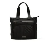 Bolso tote negro con doble asa de hombro, cierre superior con cremallera, bolsillo frontal con cremallera y bolsillo interno.