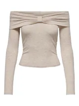 Top color beige, con escote off-shoulder, mangas largas y lazo decorativo.