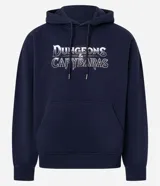 Hoodie azul marino de algodón con felpa, corte comfort, capucha con cordón ajustable, bolsillo canguro y puños ajustados. Estampado frontal con el texto "Dungeons & Capybaras" en tipografía fantasía plateada.