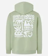 Buzo verde claro con capucha y cordón ajustable, de algodón con felpa. Tiene manga larga, barras ajustadas, bolsillo canguro y estampa frontal y trasera con la leyenda "Grand venture 1990".