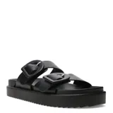 Sandalias negras con plataforma, tiras anchas y hebillas grandes plateadas.