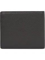 Billetera de cuero granulado negro, con diseño plegable y logo de Tommy Hilfiger en la parte inferior.