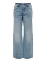 Pantalón de jean celeste de corte ancho y talle medio, con cierre de botones, bolsillos funcionales y detalles de strass en los bolsillos delanteros y laterales.