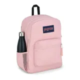 Mochila JanSport color rosa claro, con logo de la marca en el frente, un compartimento principal, un bolsillo frontal con organizador, espalda acolchada y tirantes ergonómicos.