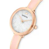Reloj Swarovski Crystalline Delight con caja de acero tono oro rosa, esfera con más de 1000 cristales y brazalete de metal rosa.