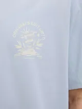 Remera celeste con estampado en la espalda que incluye texto y una imagen de una persona con un tocado.