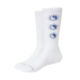 Medias blancas de caña alta con diseño de tres orbes con el símbolo del yin y el yang en color azul.