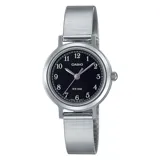 Reloj analógico Casio LTPB170D-1BVDF para mujer, con caja plateada de acero inoxidable, esfera negra con números arábigos y agujas plateadas, y correa de malla de acero inoxidable plateada.