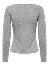 Top gris melange de punto, con cuello redondo y mangas largas.
