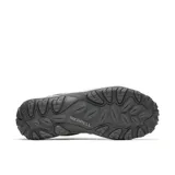 Zapatillas de senderismo Merrell Accentor 3 WP para mujer, en tonos grises. Parte superior de malla y gamuza, cierre con cordones, lengüeta con fuelle, puntera de goma protectora, colchón de aire Merrell en el talón, plantilla contorneada extraíble Merrell Kinetic Fit™ BASE, entresuela de EVA moldeada por compresión y caña de arco de nailon moldeado.