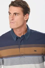 Remera polo de manga larga con rayas horizontales en tonos azul, marrón, gris y blanco.