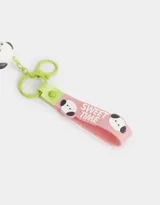 Llavero con dije de helado apilable con forma de perrito, con mosquetón metálico y correa de silicona rosa con estampado de caritas de perro y la frase "Sweet Time".