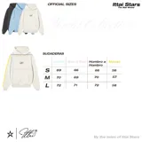 Buzo canguro blanco con capucha y bolsillo delantero. Estampado pequeño de tres paletas de helado en el frente y estampado grande en la espalda con el texto "ittai stars popsicles" y la leyenda "Taste 3 new TTAISTARS flavours today! for only $3.00 E'S SIMPLY NOTHING ELSE LIKE IT.".