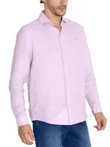 Camisa de manga larga blanca de lino orgánico con tejido melange, cuello clásico, cierre con botones y logo bordado al tono.