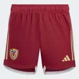 Short deportivo Adidas color bordó con cintura elástica. Presenta tres franjas laterales en color beige claro y el logo de Adidas en dorado. Incluye un escudo bordado en el frente izquierdo con los colores de la bandera de Venezuela.