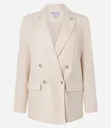Blazer oversized color beige confeccionado en viscolino, con solapas en el cuello, botones delanteros y solapas delanteras que simulan bolsillos.