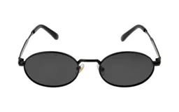Lentes de sol unisex con montura ovalada de metal negro y lentes grises.