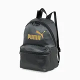 Mochila Puma Core Up negra de cuero sintético con logo dorado estampado. Tiene un compartimento principal con cierre, un bolsillo frontal con cierre y correas ajustables para los hombros.