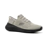 Championes deportivos Skechers Hands Free Slip-ins Bounder 2.0, color beige con suela negra. Diseño con capellada de malla, cordones elásticos, plantilla Skechers Air-Cooled Memory Foam y tecnología Heel Pillow.
