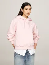 Buzo Tommy Hilfiger color rosa, con capucha ajustable con cordón, mangas largas y logo bordado en el pecho.