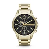Reloj Armani Exchange con pulsera y caja dorada, esfera negra con detalles dorados y tres subesferas.