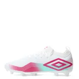 Championes de fútbol Umbro Vibe HG blancos con detalles en fucsia y celeste.