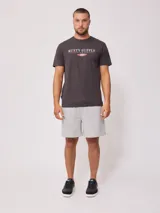 Bermuda deportiva gris confeccionada en 60% algodón y 40% poliéster, con cintura elástica ajustable con cordón.