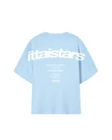 Remera negra de algodón con estampado blanco en la espalda con el logo de la marca y la frase "European Tour by Ittai Stars Company".