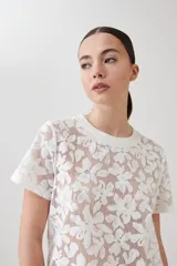Blusa blanca de encaje con mangas cortas y cuello redondo.