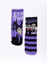 Pack de dos pares de medias de caña media con diseños de villanas de Disney: un par con Maléfica y la frase "Evil Time", y otro par con la Reina Malvada y la frase "Evil Queen", con manzanas envenenadas.