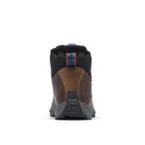Bota de senderismo de cuero marrón con cuello acolchado negro, cordones azules y suela gris.