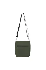 Bandolera negra con correa larga regulable, bolsillo frontal con cierre y logo 'TRENDY' vertical en el frente.