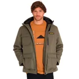 Chaqueta Caterpillar color verde militar con capucha ajustable, cierre frontal con cremallera y solapa interior, bolsillos superiores en el pecho y laterales inferiores, forro acolchado triangular y tres bolsillos interiores.