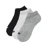 Pack de tres pares de medias de corte bajo, una negra, una blanca y una gris con diseño geométrico.