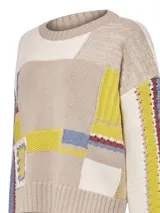 Sweater multicolor de lana con cuello redondo y diseño de patchwork con bloques de color y crochet.
