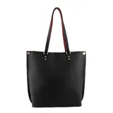 Bolso tipo tote de cuero sintético color marrón, con doble asa de hombro y correa bandolera extraíble. Tiene un aplique metálico dorado con forma de labios y el logo de la marca grabado en el frente.