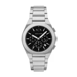 Reloj Armani Exchange modelo Sync, con caja plateada de acero inoxidable, esfera negra con cronógrafo y brazalete de eslabones plateados.