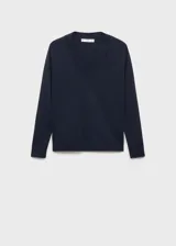 Sweater azul marino de punto fino con cuello en V y mangas largas.