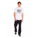 Remera blanca de algodón y poliéster con estampado frontal del logo de Caterpillar y la leyenda '100th Year'.