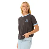 Remera negra con cuello y mangas con ribete celeste, logo de Rip Curl estampado en el pecho.