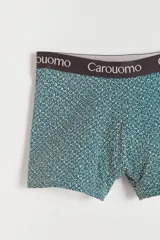 Boxer ajustado a rayas verticales azul marino y blancas, con cintura elástica gris con el logo de la marca Carouomo.
