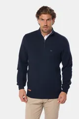 Buzo azul marino de punto con medio cierre y cuello alto.