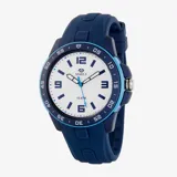 Reloj Marea con correa de silicona azul, bisel azul y blanco, y esfera blanca con números azules.